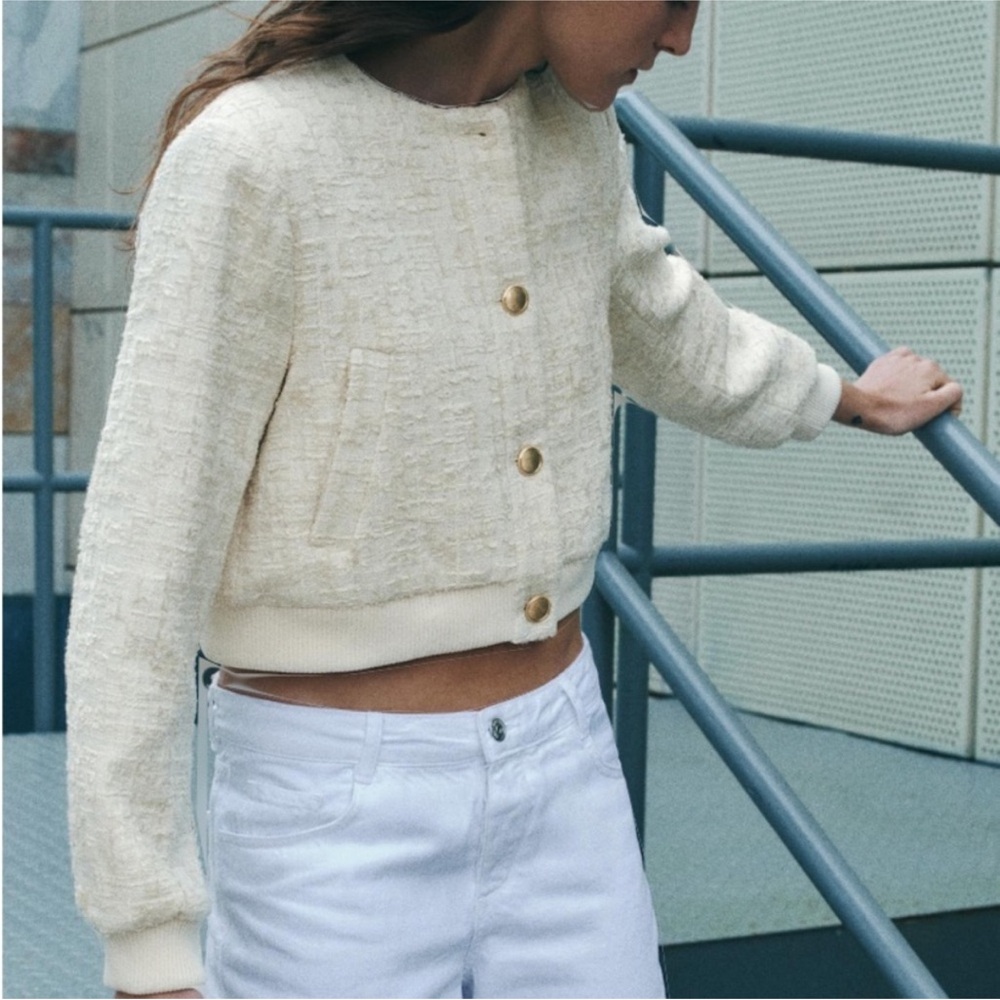 Zara Cream Tweed Bomber Jacket with Gold Buttons
